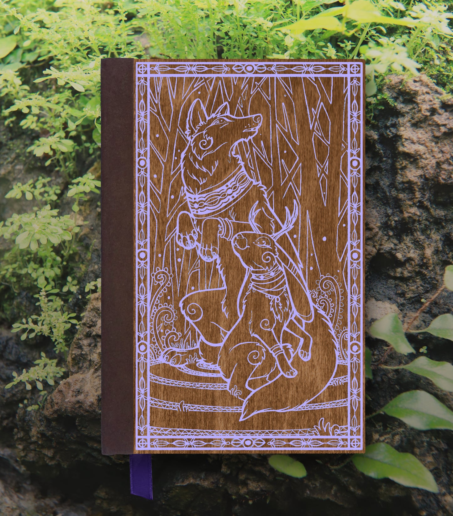 Jackalope & Wolf Magnetic Wooden Journal, Brown & Lavender