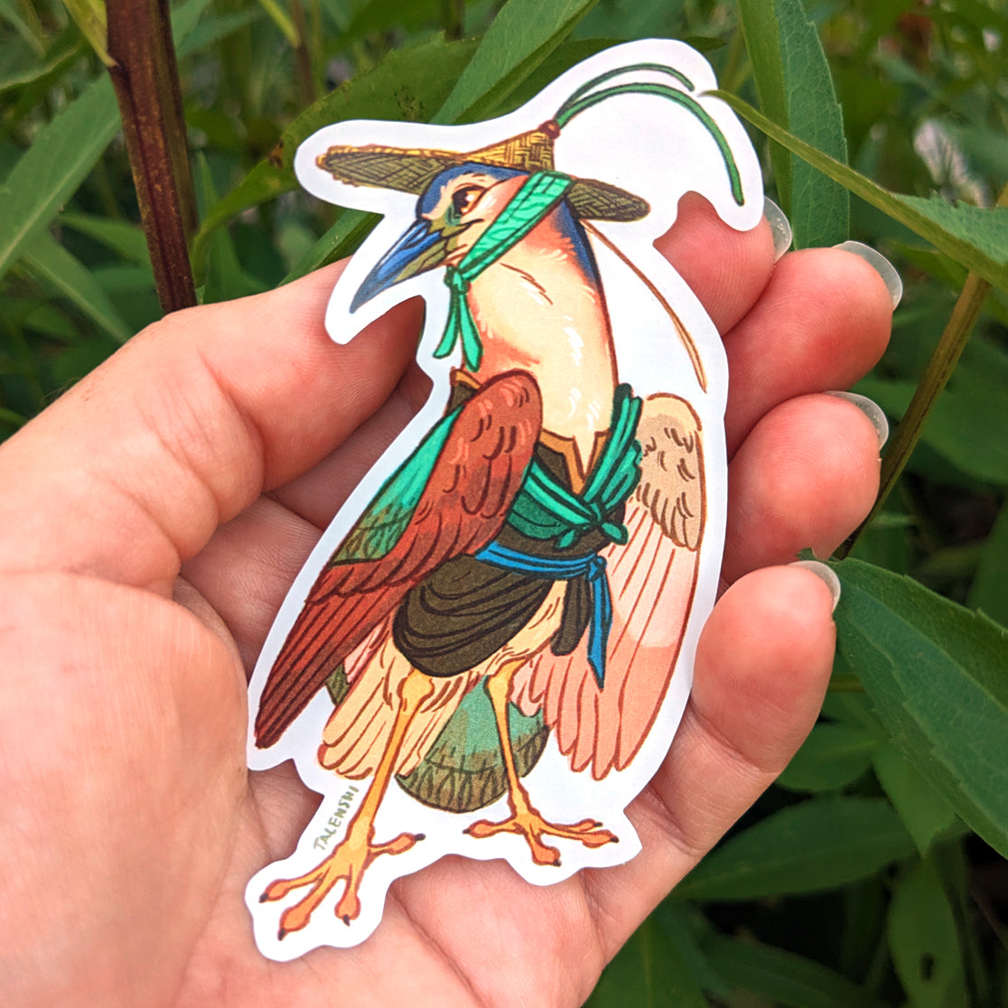 Nankeen Night Heron in a cloak and hat, 3.5" waterproof vinyl sticker by Talenshi 