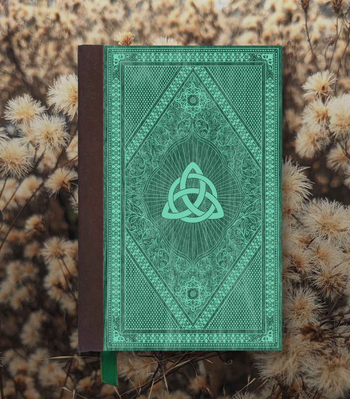 Triquetra Spellbook Magnetic Wooden Journal, Green & Teal