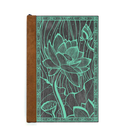 Blooming Lotus Magnetic Wooden Journal, Black & Teal