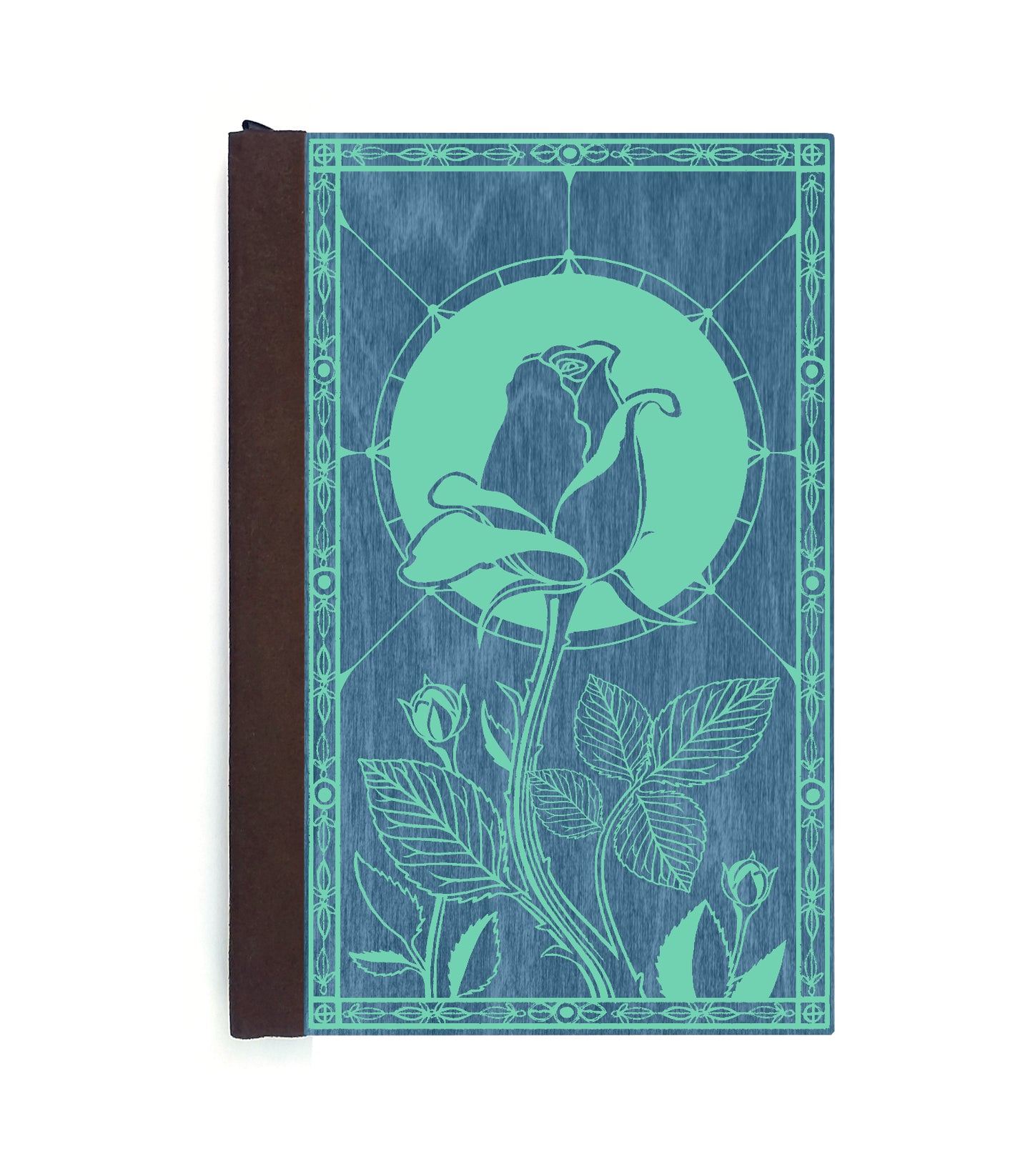 Stained Glass Rose Magnetic Wooden Journal, Blue & Teal